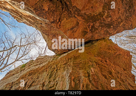 Looking up into a Natural Bridge in the Pedestal Rocks Scenic area in Ozark National Forest in Arkansas Stock Photo