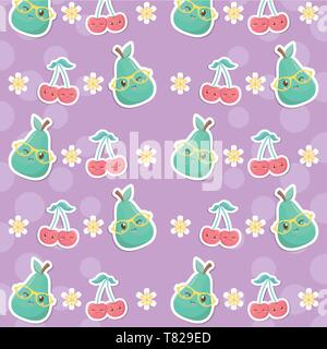 fresh cherries and pears fruits kawaii characters pattern vector illustration design Stock Vector