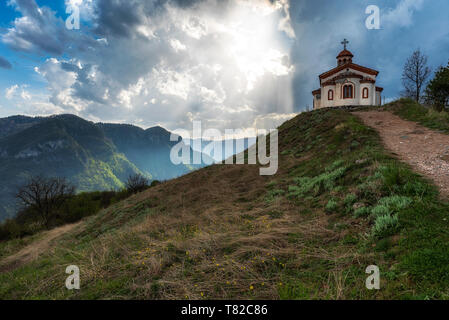 Small chapel in Rhodope mountain near Borovo village, spring sunset photo from Bulgaria