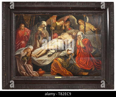 Lamentation of Christ, Antwerp school, late 16th century Oil on wood. In the centre the dead Christ laid out and surrounded by Mary, Mary Magdalene and St. John as well as two further mourning women and three angels. In an old ripple moulding frame. The surfaces partially with tension cracks and small flaws. Old retouchings at the horizontal panel slots. Parqueted reverse. Size of painting 75 x 104 cm, frame 104 x 134 cm. historic, historical, fine arts, art, Additional-Rights-Clearance-Info-Not-Available Stock Photo