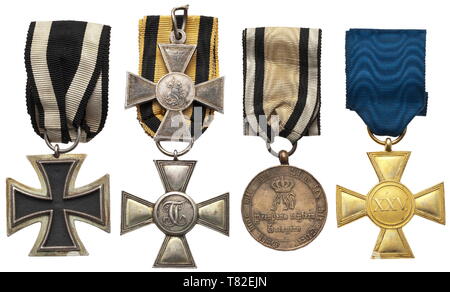 An orders group of a veteran of the Wars of Liberation and later Prussian officer An Iron Cross 2nd Class in reduced 35 mm size, the so-called 'Prinzengröße', a St. George's Cross for Soldiers of Prussian make with separately struck and applied medallions, a Prussian War Commemorative Medal for '1813 - 1814' in the second issue with straight cross arm terminals and a Prussian 25-Year Long Service Award Cros 20th century, Additional-Rights-Clearance-Info-Not-Available Stock Photo