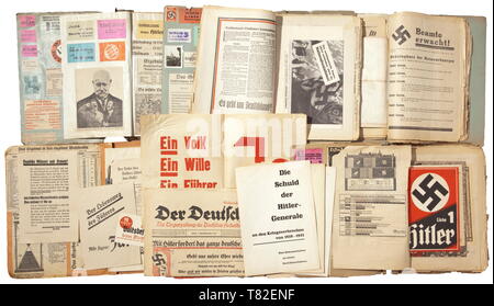Documents from the estate of a campaign worker Six original folders with numerous posters, flyers, newspaper clippings and propaganda texts of the NSDAP, SPD and other parties for the Reichstag elections on 31 July 1932, 6 November 1932, 5 March 1933 and 12 November 1933 as well as the election of the Reich President 1932. Black-white and multicolour printing on white or coloured paper. Among the documents the poster 'Führer wir folgen Dir!', poster with the portraits of Hindenburg and Hitler (both circa 60 x 85 cm) and a large-size appeal of the German economy to support H, Editorial-Use-Only Stock Photo
