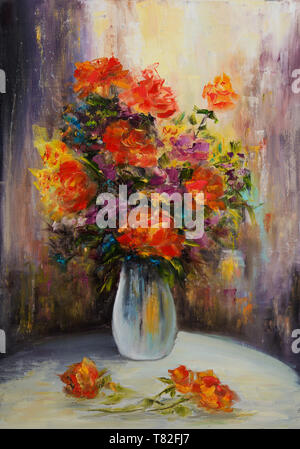 Original oil painting showing fresh flowers bouquet on canvas.Modern Impressionism, modernism,marinism Stock Photo