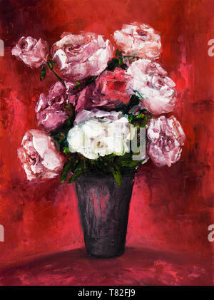 Original oil painting showing fresh flowers bouquet on canvas.Modern Impressionism, modernism,marinism Stock Photo