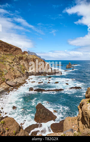 Macizo de Anaga mountain range scenic cliffs at the Atlantic Ocean coast of Tenerife, Spain.