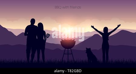 bbq with friends in the mountains purple landscape at sunset vector illustration EPS10 Stock Vector