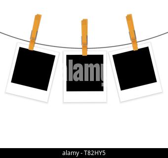 Photo frames on rope with clothespins vector background Stock Vector