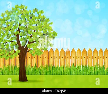 Garden background with green tree and wooden fence vector Stock Vector