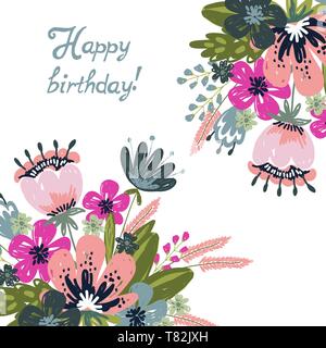 Greeting card Happy birthday. Hand drawng brush picture . Flowers and ...