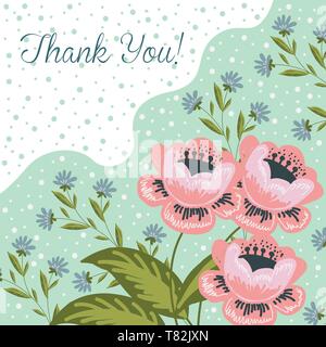 Thank you. Hand drawng brush picture . Doodle Flowers and leaves arrangements. Vector Stock Vector