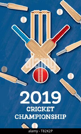 Cricket 2019 Flyer. Player Bat and Ball. Cricket Sports Background. Vector Illustration. Stock Vector