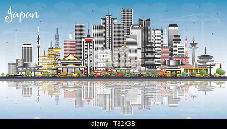 Japan City Skyline with Gray Buildings, Blue Sky and Reflections. Vector Illustration. Tourism Concept with Historic Architecture. Stock Vector