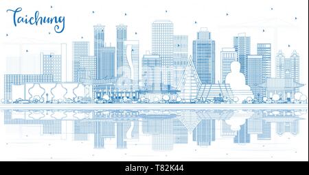 Outline Taichung Taiwan City Skyline with Blue Buildings and Reflections. Vector Illustration. Stock Vector