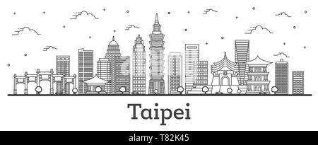 Outline Taipei Taiwan City Skyline with Modern Buildings Isolated on White. Vector Illustration. Taipei Cityscape with Landmarks. Stock Vector