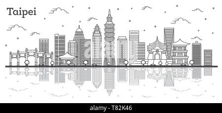 Outline Taipei Taiwan City Skyline with Modern Buildings and Reflections Isolated on White. Vector Illustration. Taipei Cityscape with Landmarks. Stock Vector