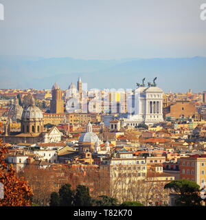 Rome (Italy) - The view of the city from Janiculum hill and terrace, with Vittoriano, Trinità dei Monti church and Quirinale palace. Stock Photo