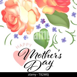 Mother's day greeting card with beautiful garden roses, leaves and blossom flowers. Typography poster. Stock Vector
