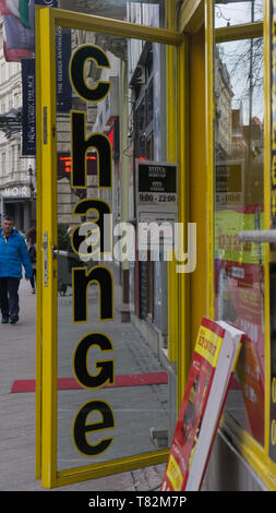 Budapest Hungary 03 15 2019 Travel currency exchange counter service. Money exchange shop in Budapest for visitor and tourist. Stock Photo