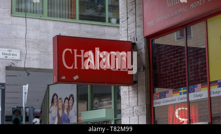 Budapest Hungary 03 15 2019 Travel currency exchange counter service. Money exchange shop in Budapest for visitor and tourist. Stock Photo