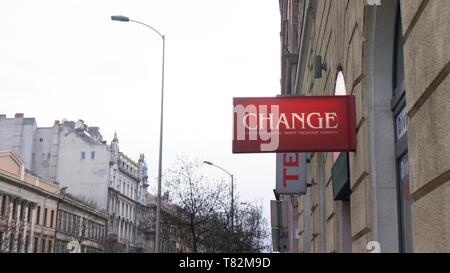 Budapest Hungary 03 15 2019 Travel currency exchange counter service. Money exchange shop in Budapest for visitor and tourist. Stock Photo