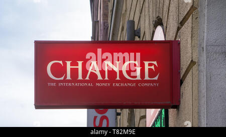 Budapest Hungary 03 15 2019 Travel currency exchange counter service. Money exchange shop in Budapest for visitor and tourist. Stock Photo