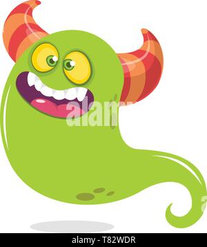 Happy cartoon monster or ghost. Vector  Halloween illustration of green ghost Stock Vector