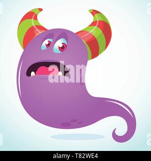 Happy cartoon monster or ghost. Vector  Halloween illustration of purple ghost Stock Vector
