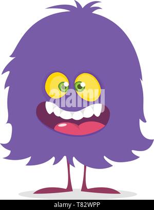 Cute cartoon monster smiling. Vector illustration of purple hairy monster. Design for children book, sticker, print or party decoration Stock Vector