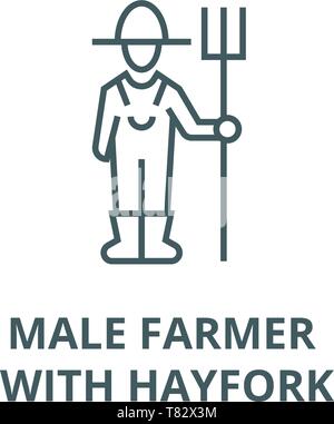 Male farmer with hayfork line icon concept. Male farmer with hayfork ...