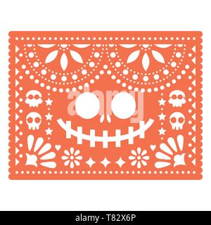 Halloween Papel Picado design with skulls and pumpkin scary face, Mexican paper cut out pattern - Dia de Los Muertos, Day of the Dead Stock Vector