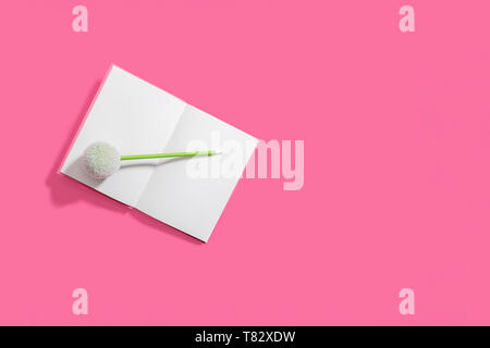 Open notebook, diary, journal with blank page and green pen on a pink background with copy space and room for text Stock Photo