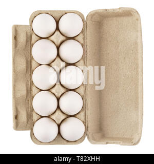 Cardboard egg box with ten eggs isolated on white. Top view. Stock Photo
