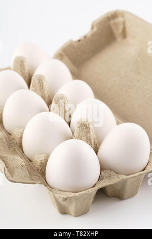 Chicken eggs in a carton, box, tray or container. White background. Stock Photo