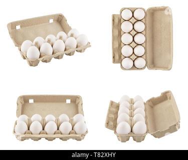 Set of full egg cartons shot from different angles. Recyclable boxes or containers. Isolated on white. Stock Photo