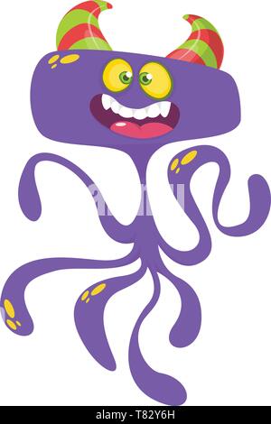 Cute cartoon monster alien or octopus. Vector illustration of purple flying monster for Halloween Stock Vector