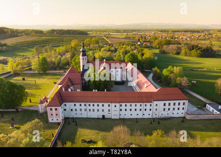 Aerial view of Cistercian monastery Kostanjevica na Krki, homely appointed as Castle Kostanjevica, Slovenia, Europe