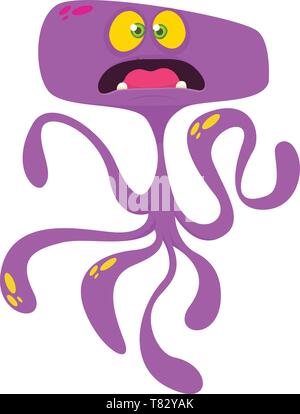 Cute cartoon monster alien or octopus. Vector illustration of purple flying monster Stock Vector