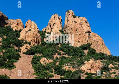 France, Var, Agay area next to Saint Raphael, Massif de l'Esterel (Esterel Massif), Massif of Cap Roux Stock Photo