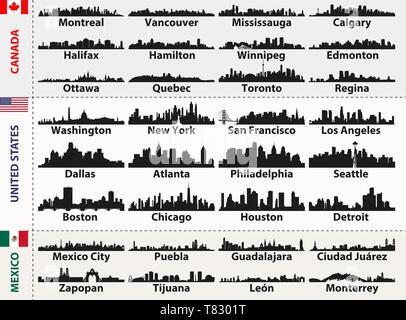 Canada, United States and Mexico cities skylines silhouettes Stock Vector