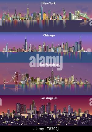 abstract vector illustrations of United States city skylines (New York, Chicago, San Francisco and Los Angeles) at night with map Stock Vector