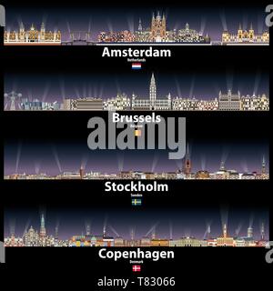 vector cities skylines of Amsterdam, Brussels, Stockholm and Copenhagen at night Stock Vector