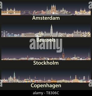 vector cities skylines of Amsterdam, Brussels, Stockholm and Copenhagen Stock Vector