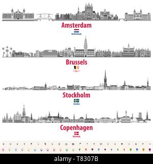 vector cities skylines of Amsterdam, Brussels, Stockholm and Copenhagen Stock Vector