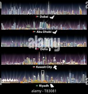 vector illustrations of Dubai, Abu Dhabi, Doha and Kuwait city skylines at night Stock Vector