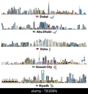 vector illustrations of Dubai, Abu Dhabi, Doha and Kuwait city skylines Stock Vector