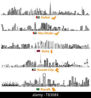 vector illustrations of Dubai, Abu Dhabi, Doha and Kuwait city skylines Stock Vector