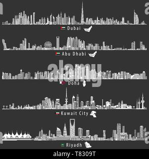 vector illustrations of Dubai, Abu Dhabi, Doha and Kuwait city skylines Stock Vector