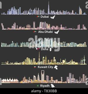 vector illustrations of Dubai, Abu Dhabi, Doha and Kuwait city skylines Stock Vector