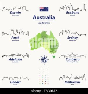 vector illustration of Australia states map with skylines of capital cities Stock Vector