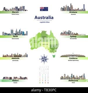 vector illustration of Australia states map with skylines of capital cities Stock Vector